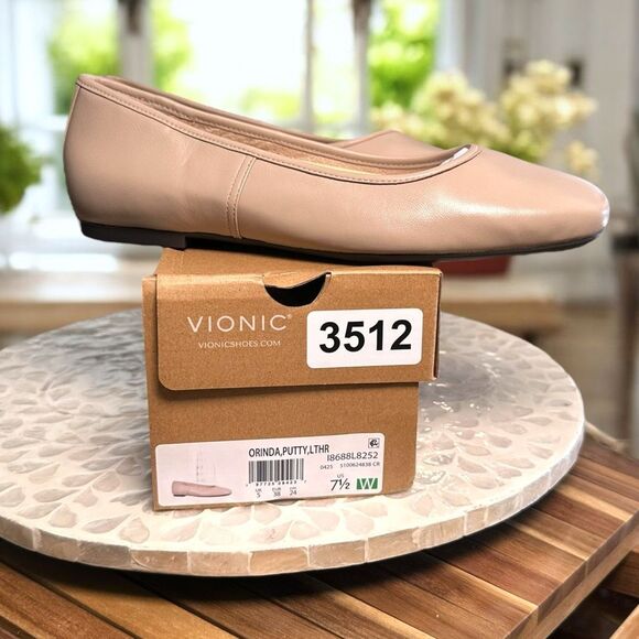 Vionic $140 Orinda Leather Ballet Flats Putty Beige Square Toe Comfort Shoes Wom - Picture 8 of 13